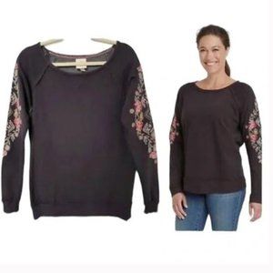 Knox Rose Coal Gray Boho Floral Embroidered Pullover Sweatshirt XL